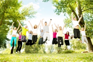 group of teenagers jumping